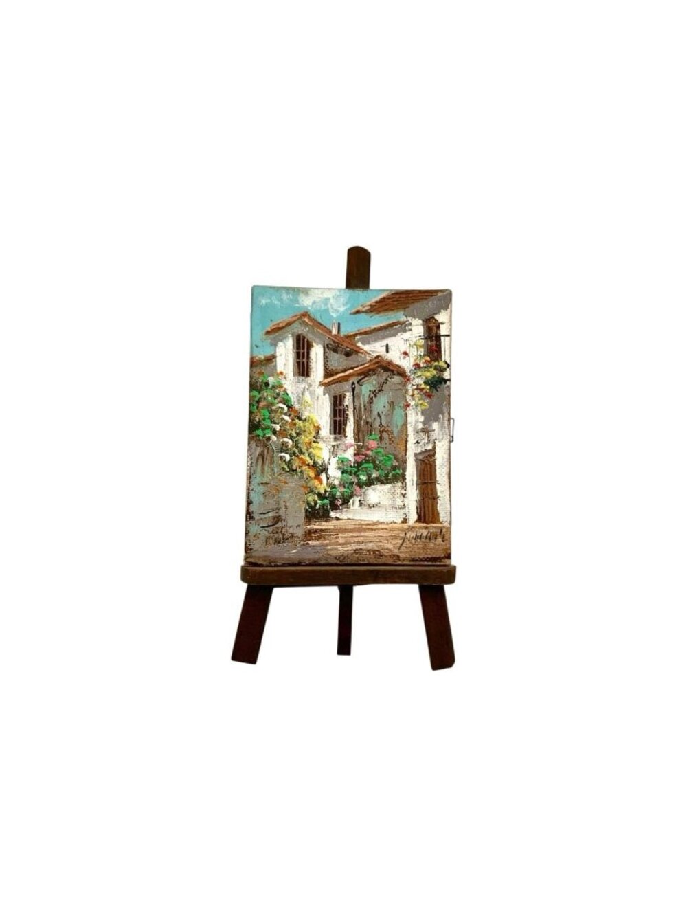 Painting Mediterranean Scene Oil on Canvas Easel Signed Miniature Vintage Art
